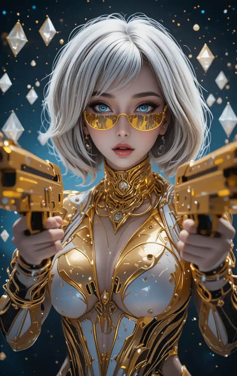 Cyberpunk woman with gold guns in cosmic diamond portrait