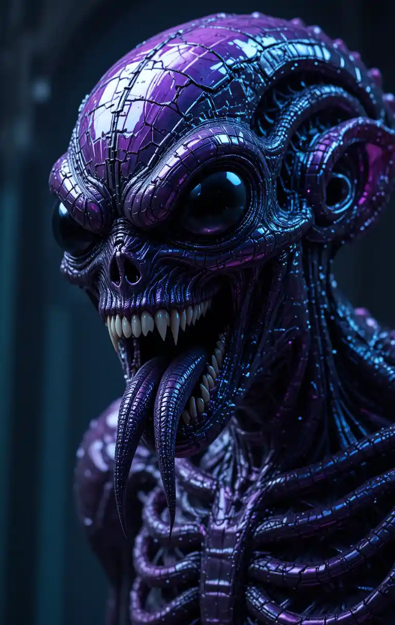 Alien cyber monster with chrome skin and black eyes