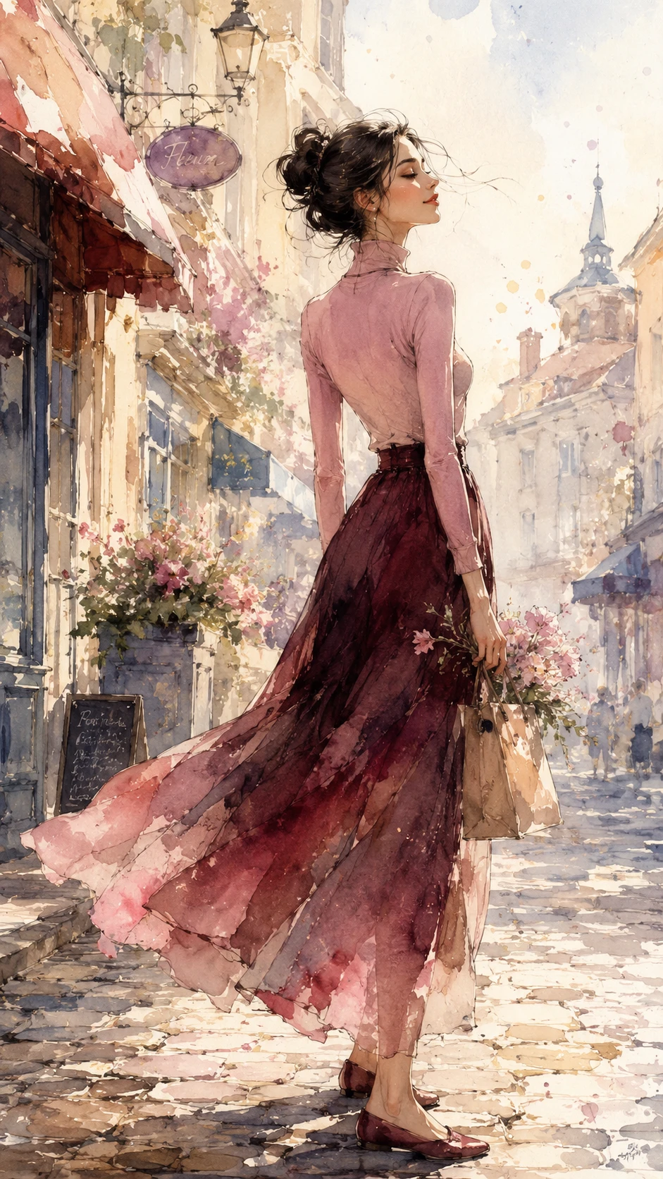 Mujer elegante en una calle urbana onírica en acuarela