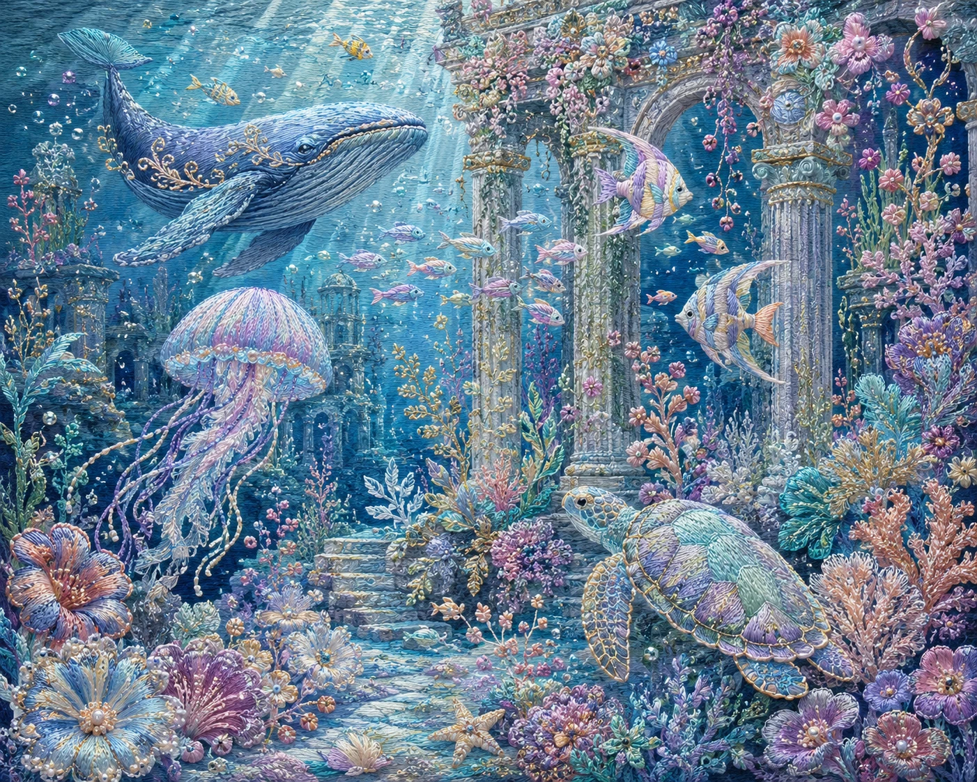 Jardín Submarino de Ensueño con Peces Brillantes y Ruinas