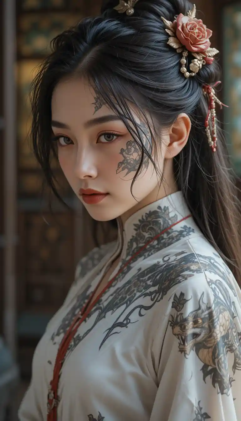 Asian woman in white with back dragon tattoo
