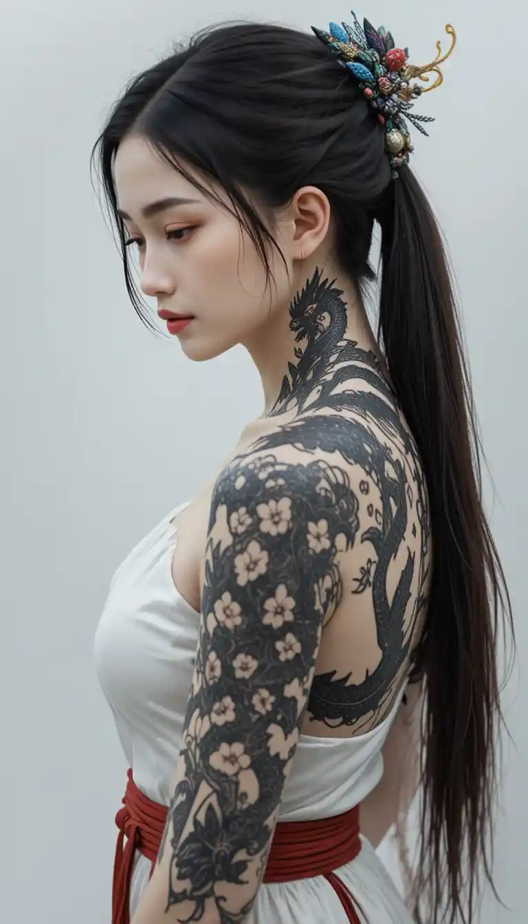 Asian woman with dragon back tattoo in white outfit