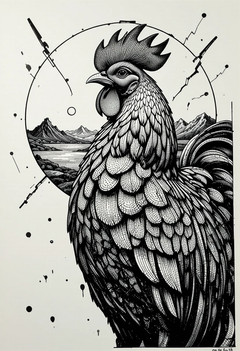 Intricate ink rooster with geometric feathers and sunlit landscape
