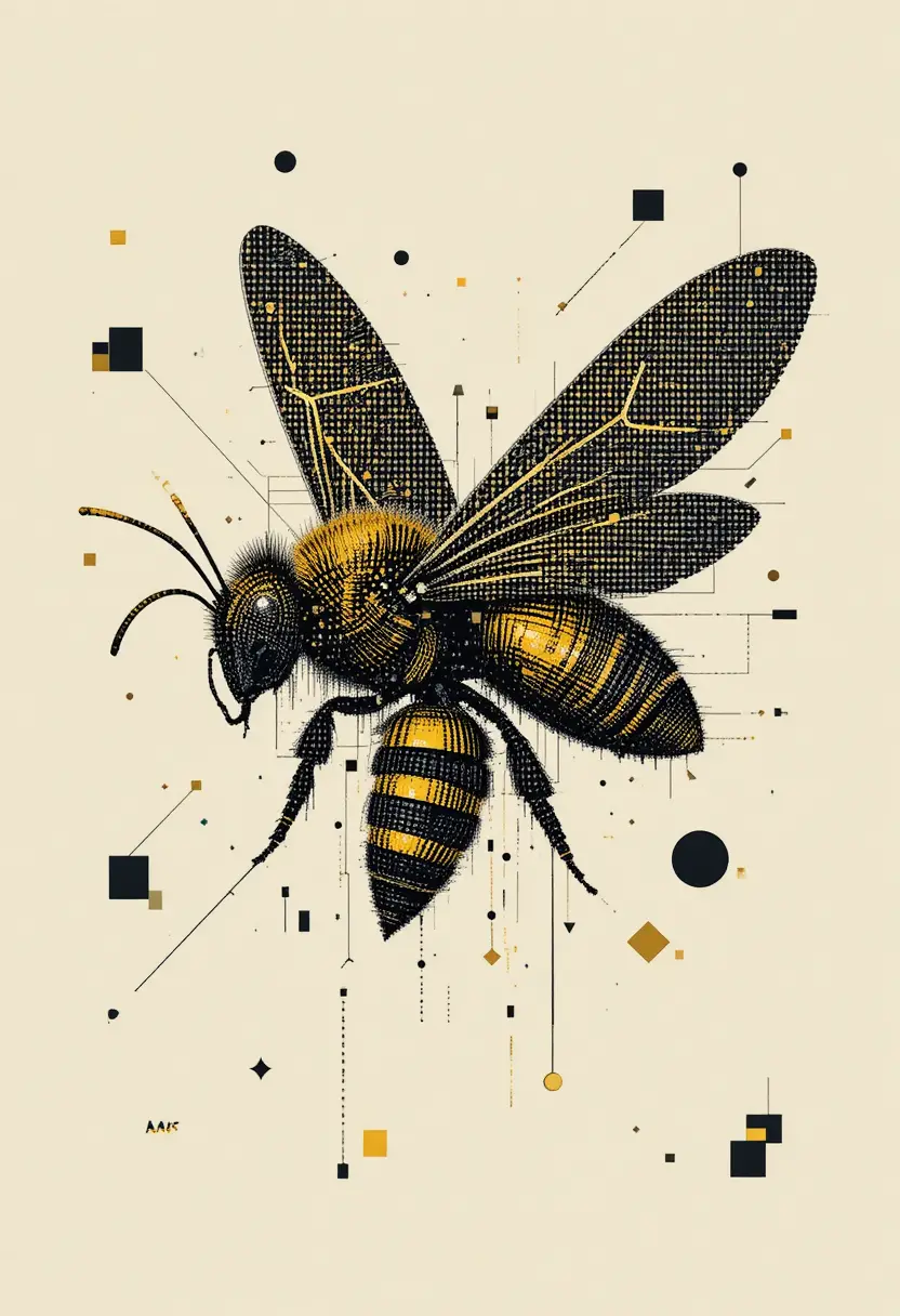 Geometric Digital Bee With Glitch Effects On Cream Background