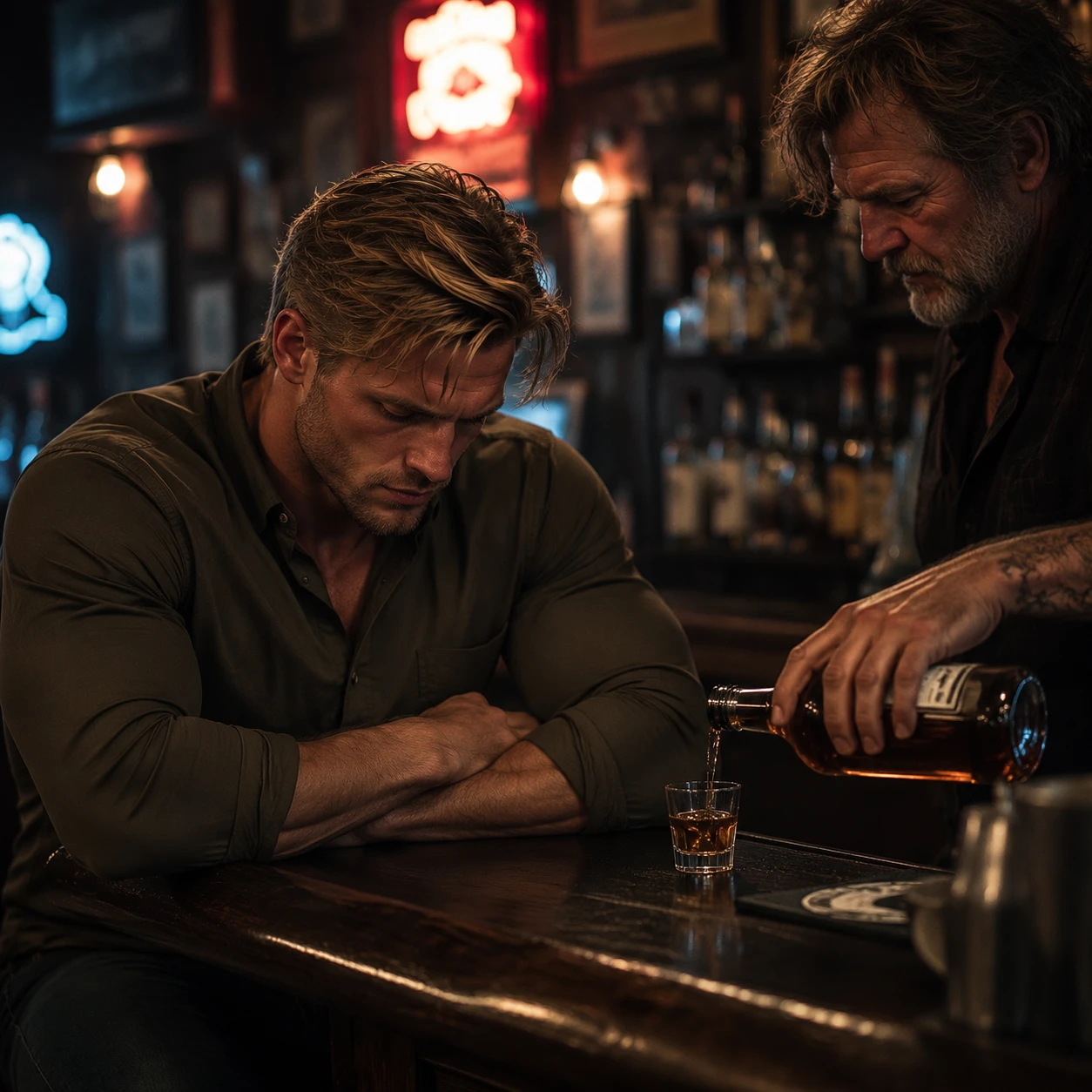 Sad muscular man sitting alone at a quiet bar
