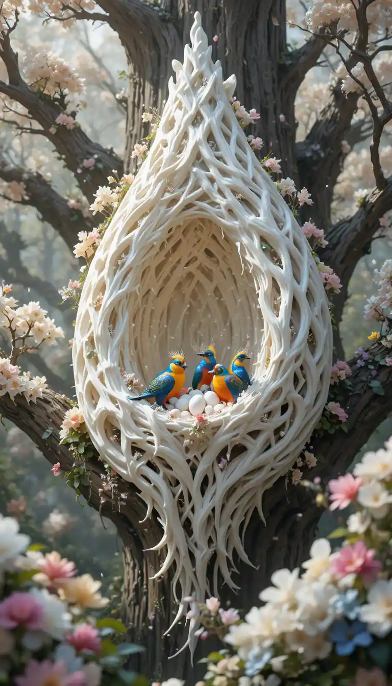 Giant White Bird Nest Palace In Ancient Fantasy Tree