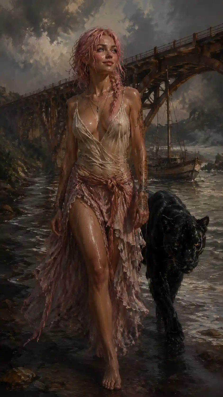 Pink haired woman walking with panther on coastal path