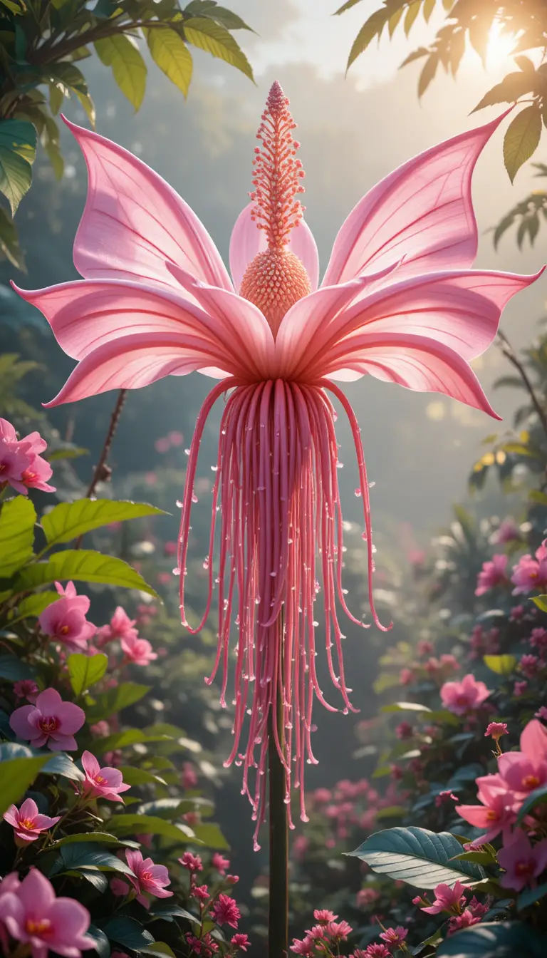 Pink bat flower blooming in dreamy tropical garden