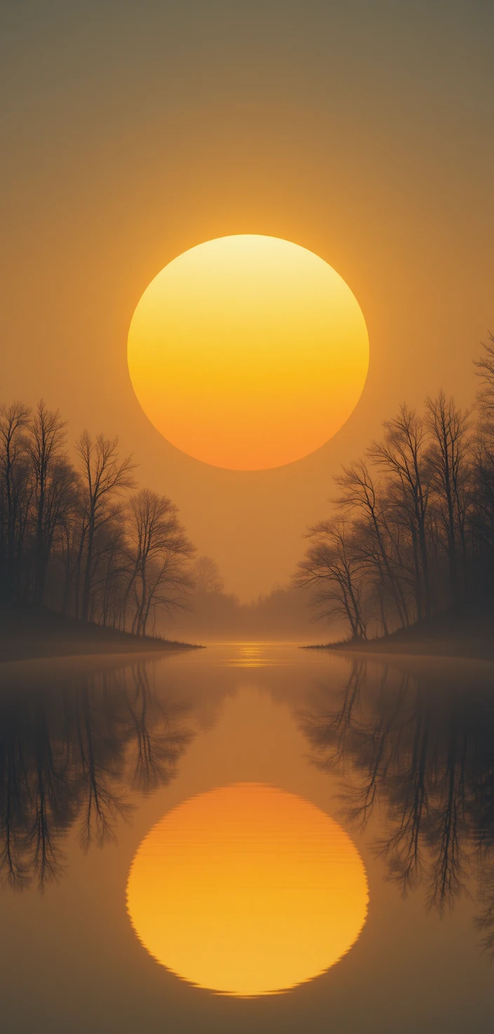 Surreal sunset over a still lake with mirrored trees