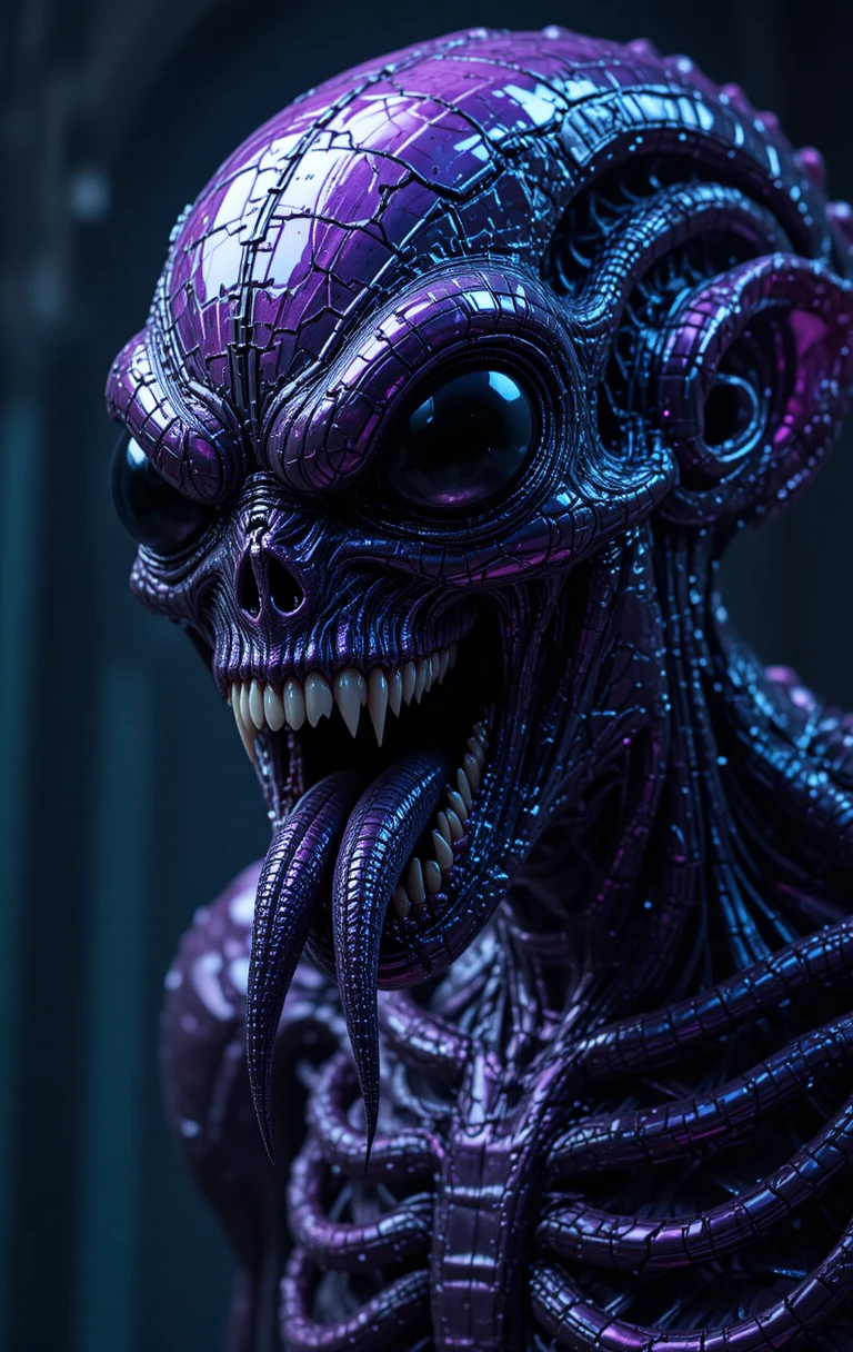 Alien cyber monster with chrome skin and black eyes