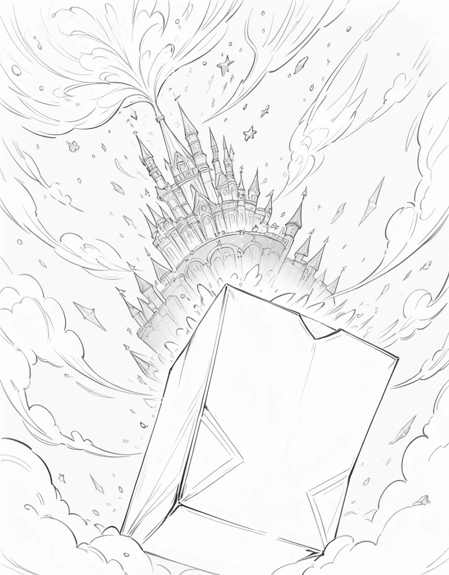 Whimsical tornado of glowing dust erupting from paper bag