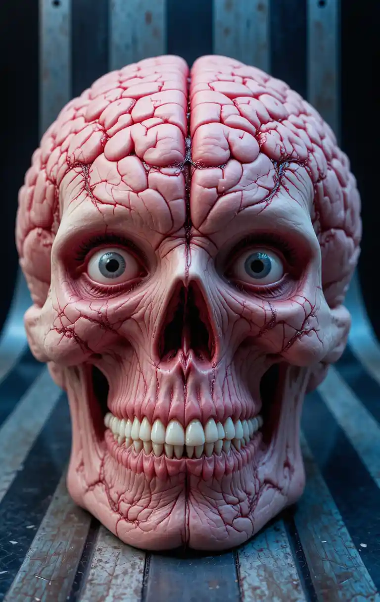 Grotesque exposed brain with eyes in striped metal background