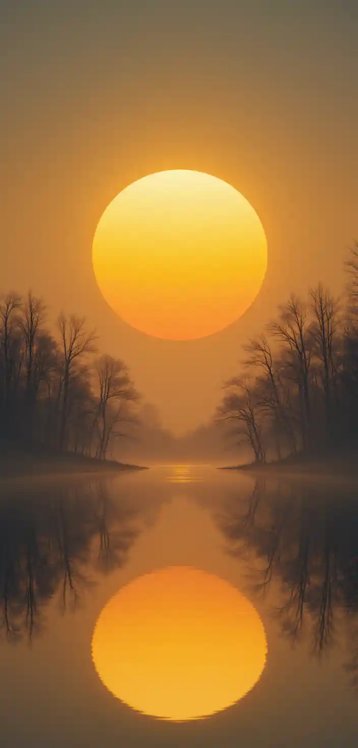 Surreal sunset over a still lake with mirrored trees