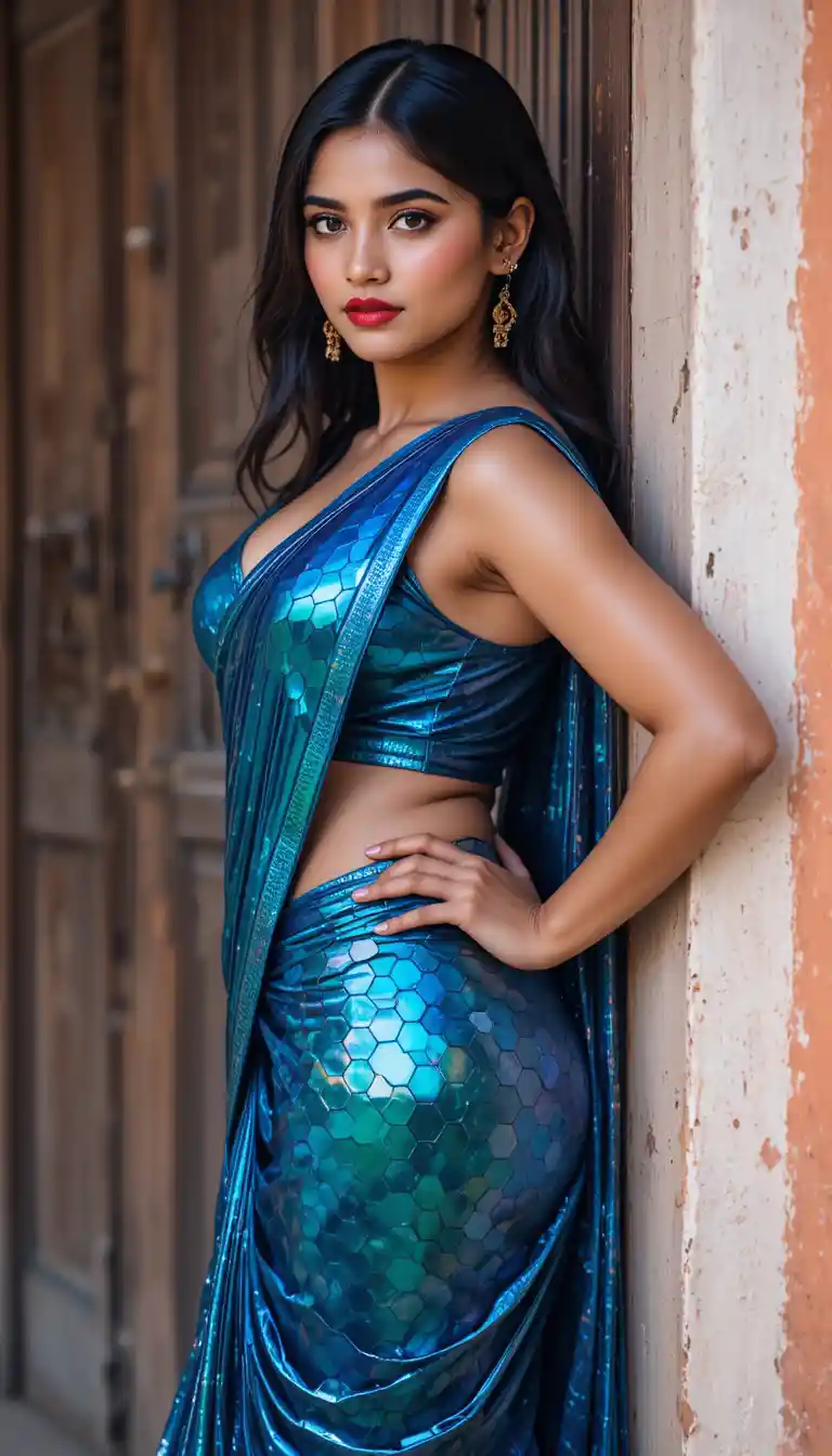 Tamil woman in glossy mirror saree full body pose