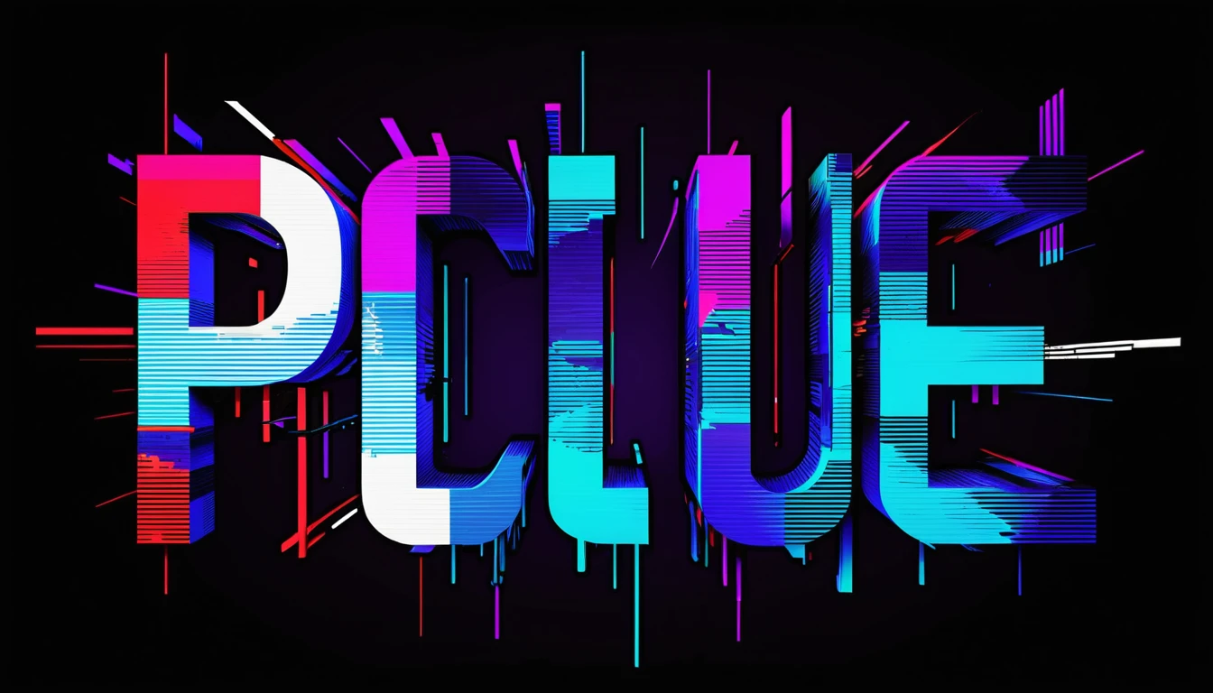 Neon fragmented typography logo glowing on dark background