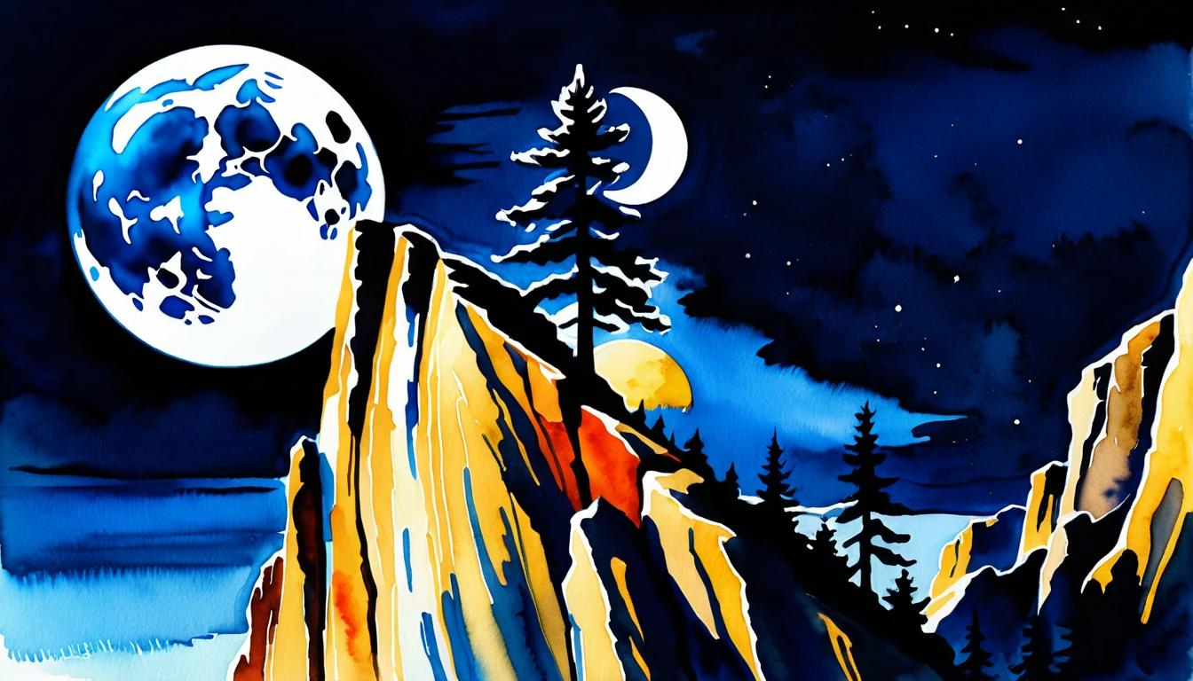 Moody watercolor cliff under a dramatic golden full moon
