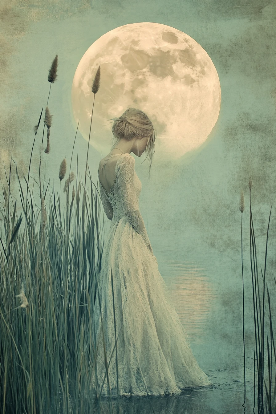 Ethereal woman walking into a moonlit lake at dusk