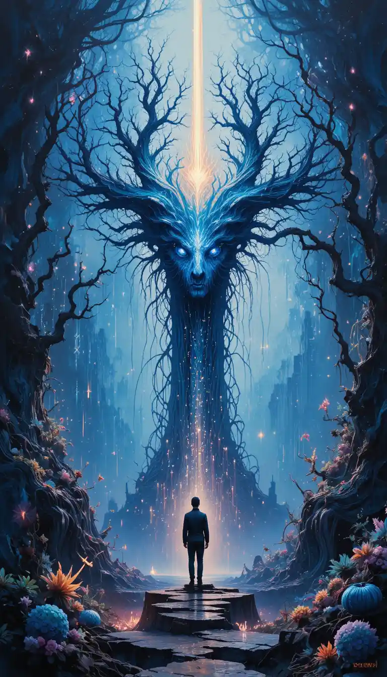 Surreal blue mycelial code painting with veganpro text