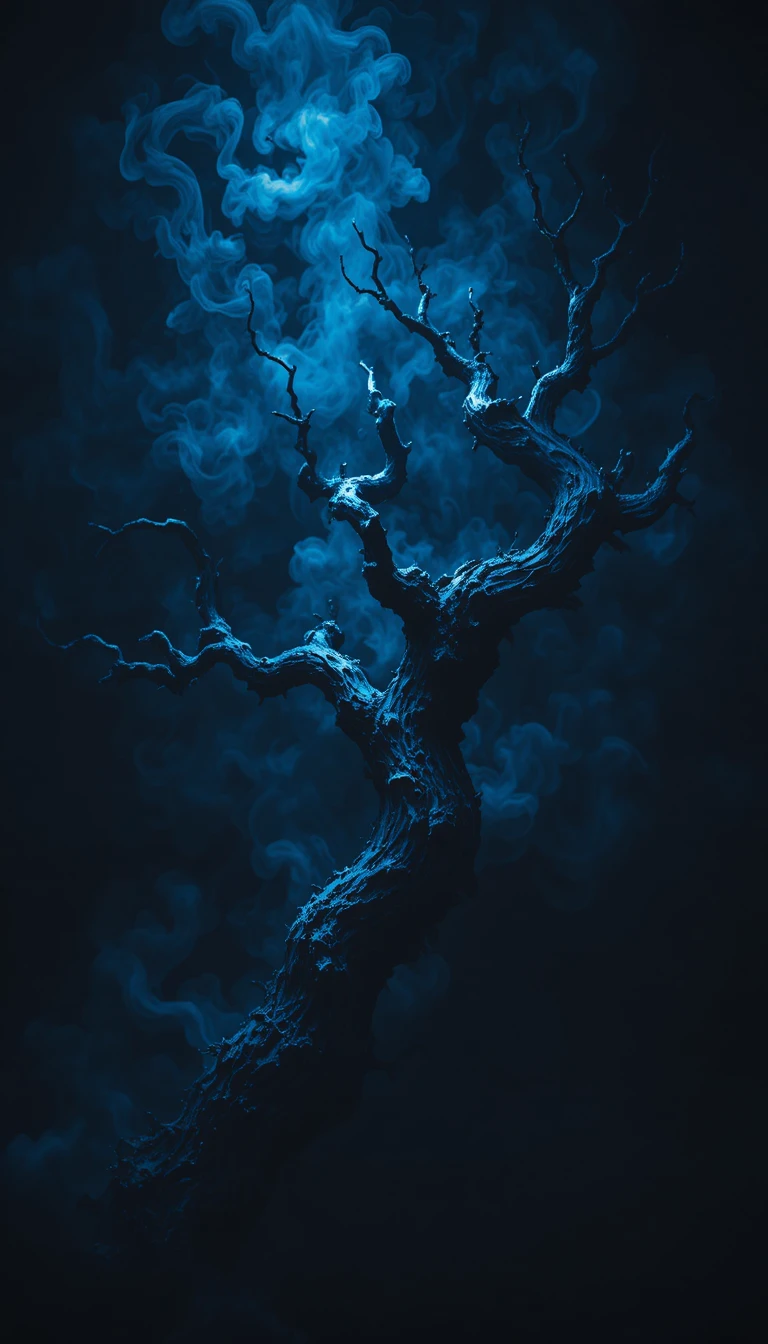 Ominous Gnarled Tree Branch In Cool Blue Against Black