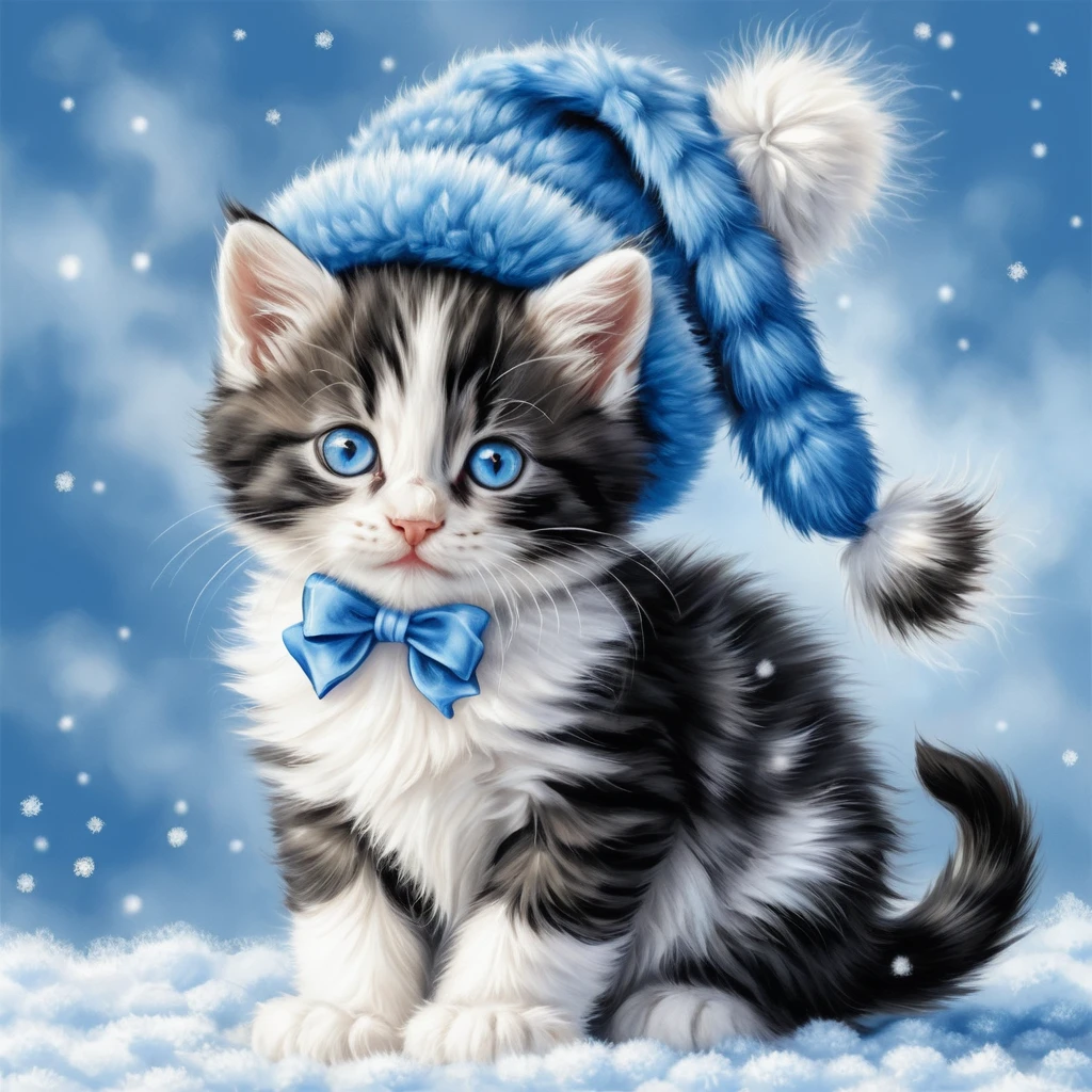 Cute tabby kitten in blue winter hat with bow
