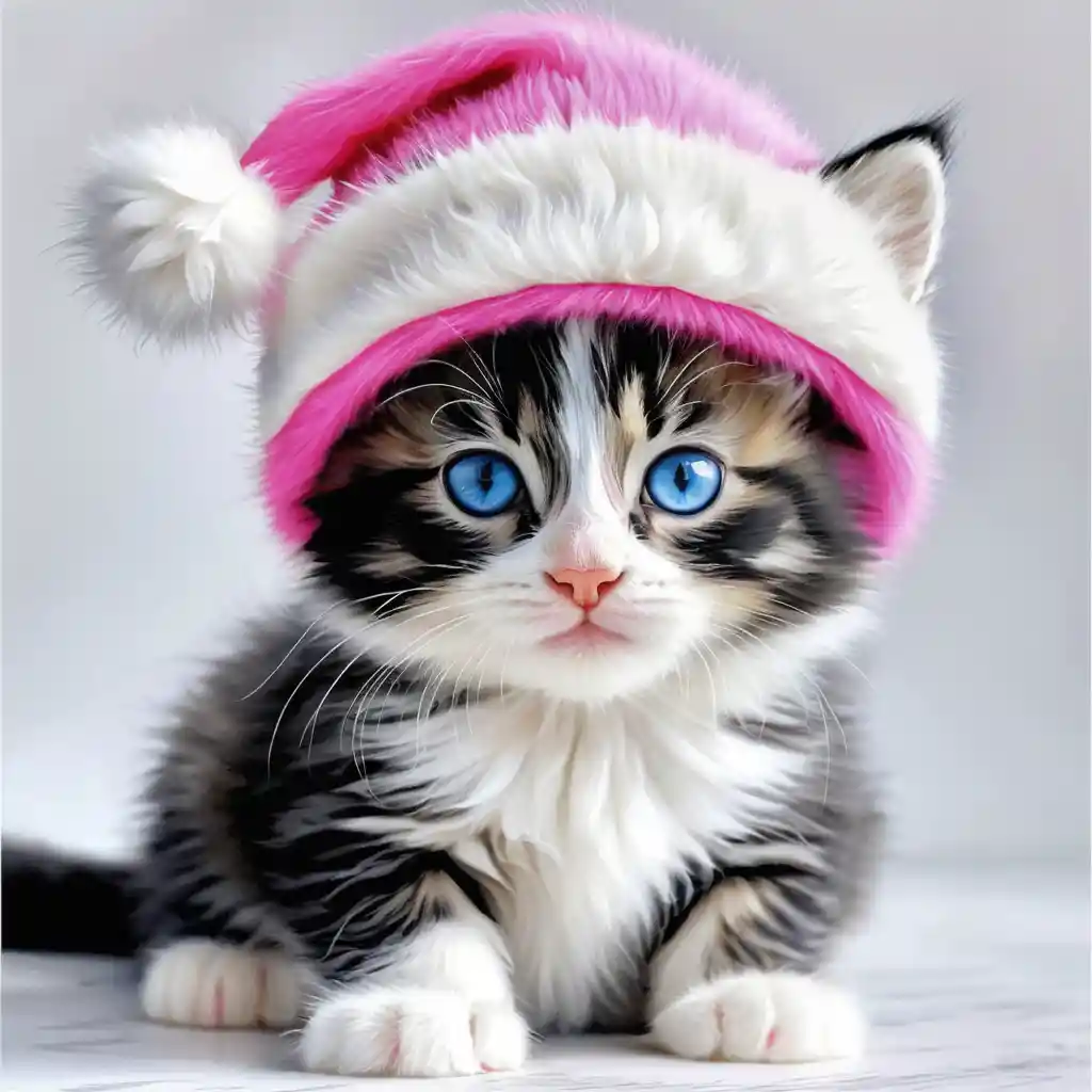 Fluffy cartoon kitten in pink winter hat with bow