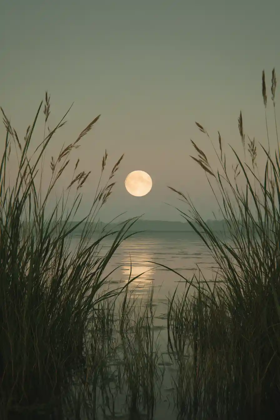 Serene lakeside at dusk under a rising full moon