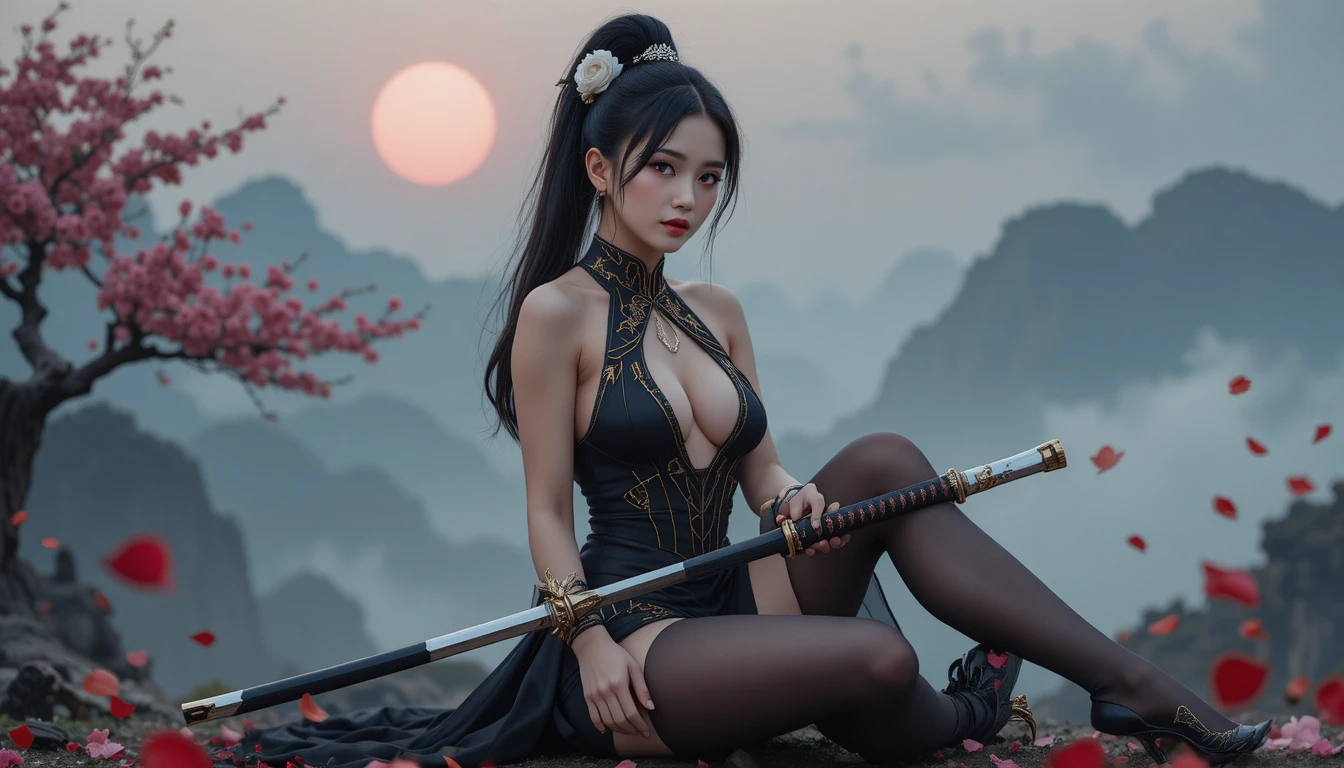 Elegant warrior woman with katana under cherry blossoms
