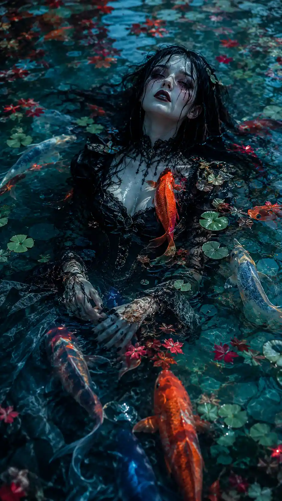 Gothic woman in black lace standing in turquoise pond