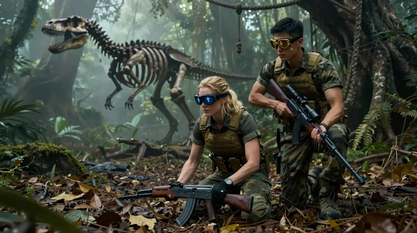 Armed woman in misty jungle reaching for a hidden rifle