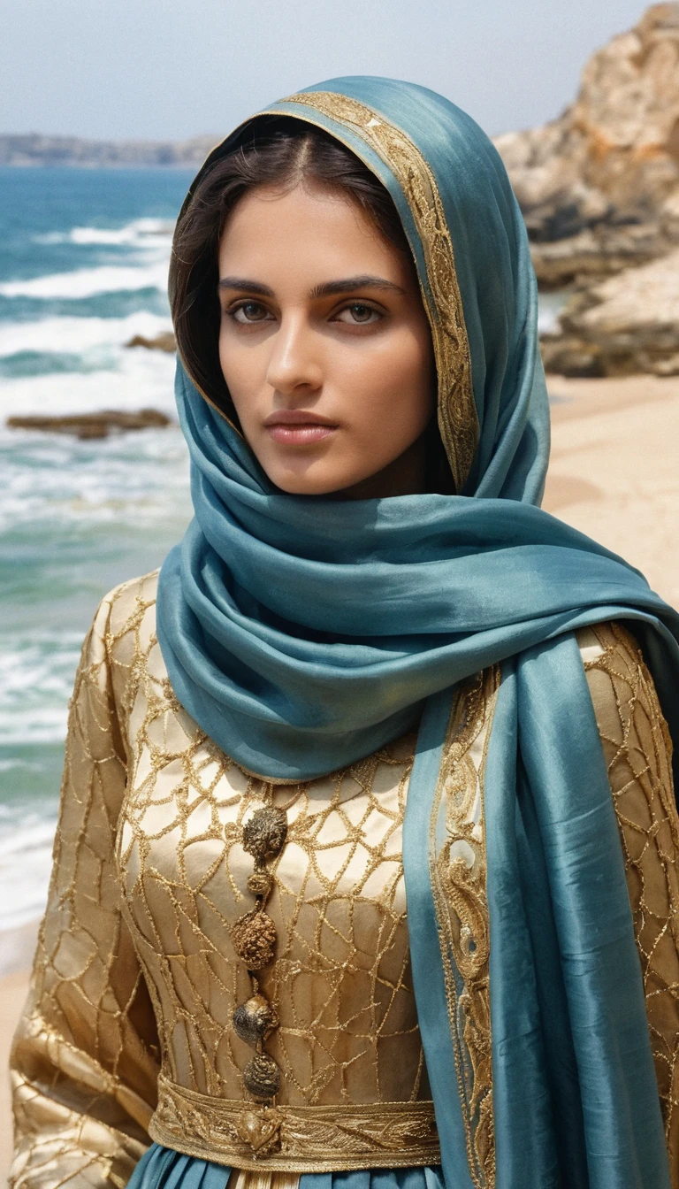Ancient queen in noble dress with shimmering sea silk scarf