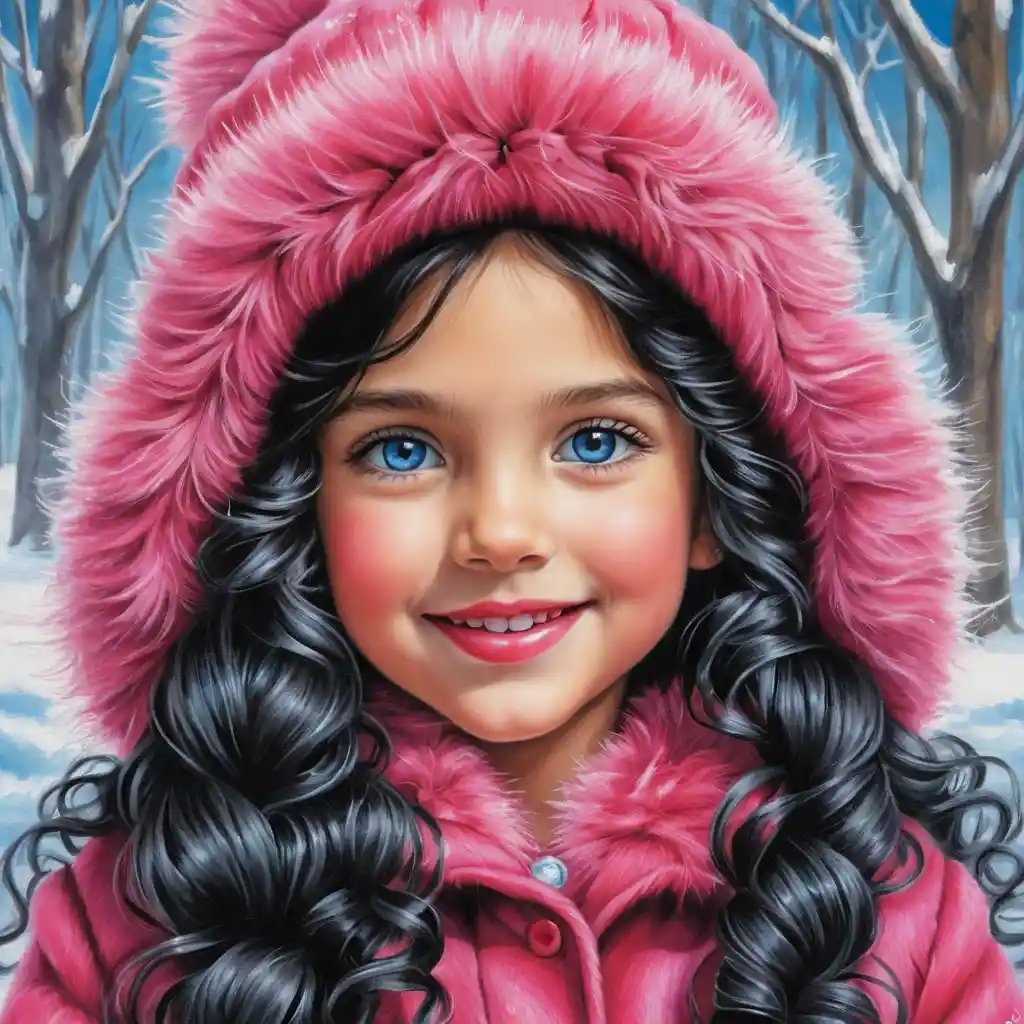 Smiling winter girl in pink fur coat illustration