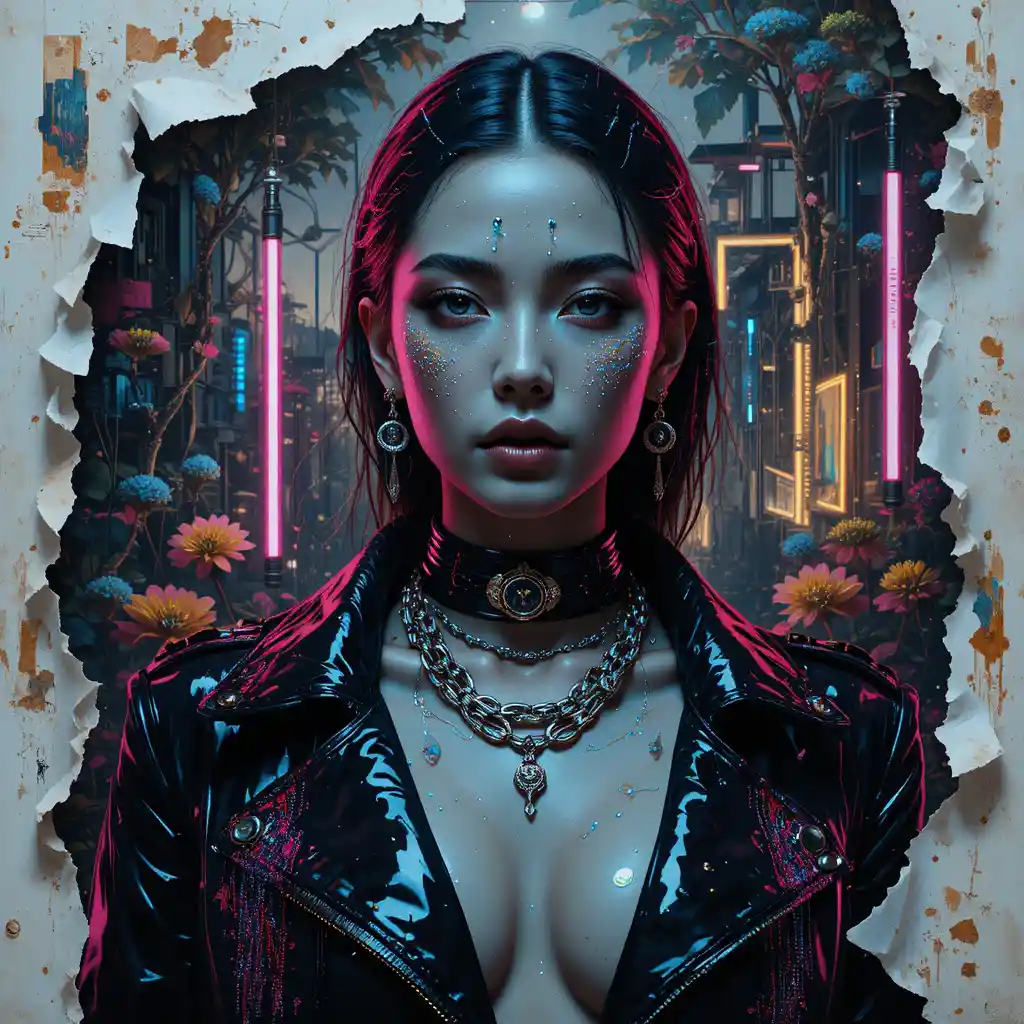 Cyber muse fashion portrait in layered urban collage