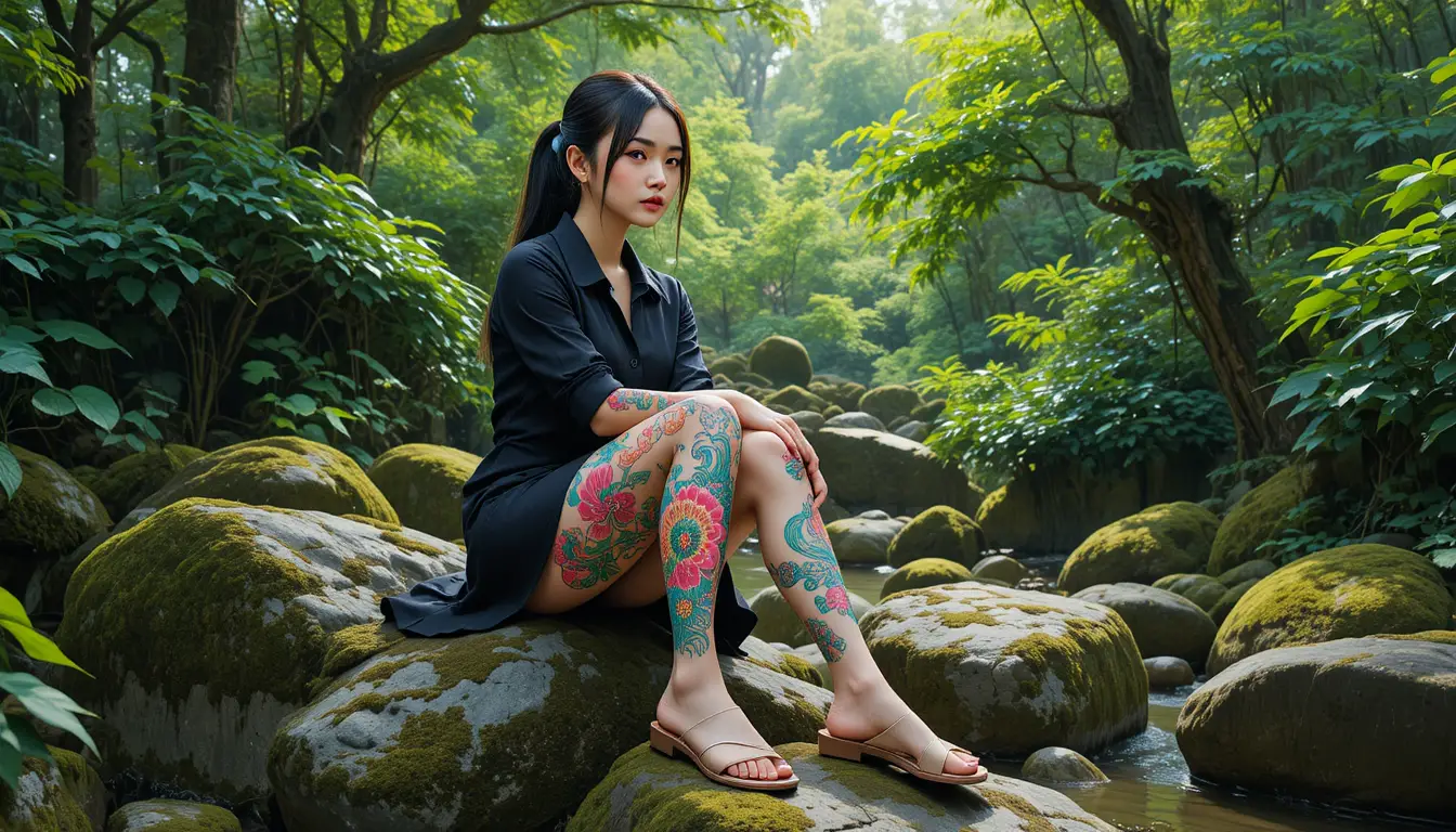 Tattooed woman sitting on rocks in lush green forest