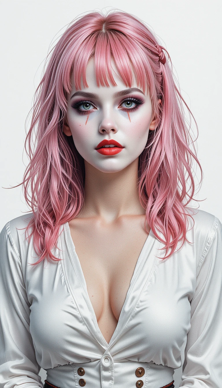 Watercolor portrait of a female clown with pink hair