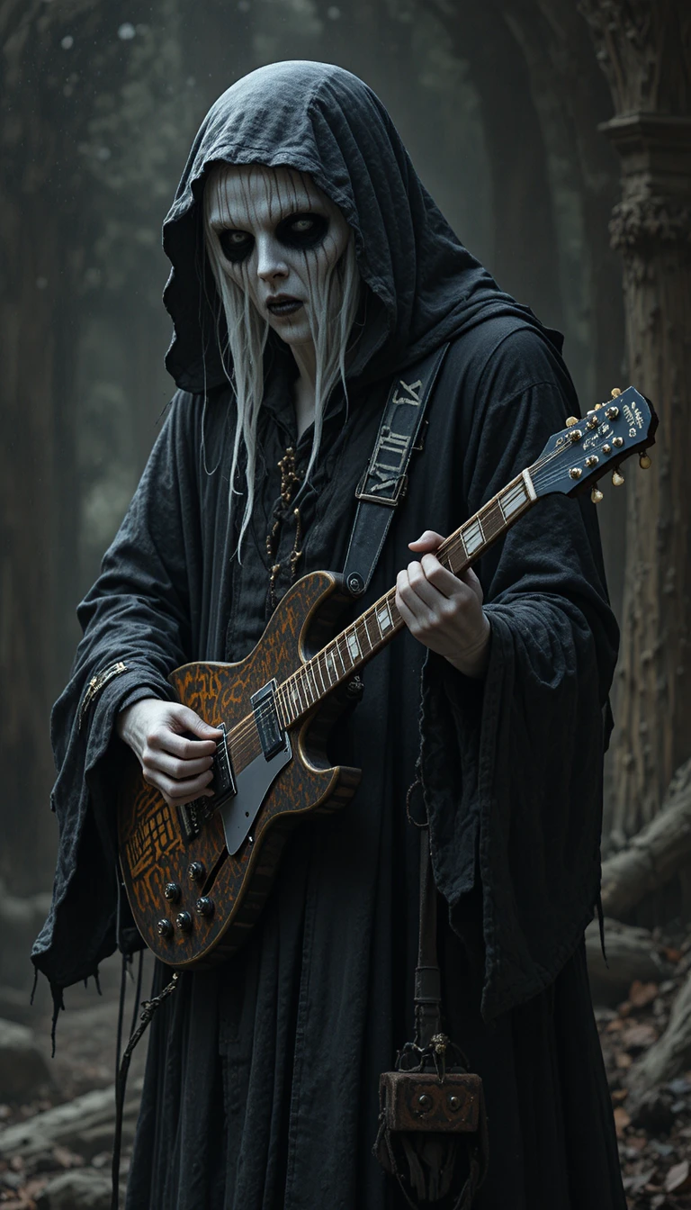 Ghost in black robe rocking on an electric guitar