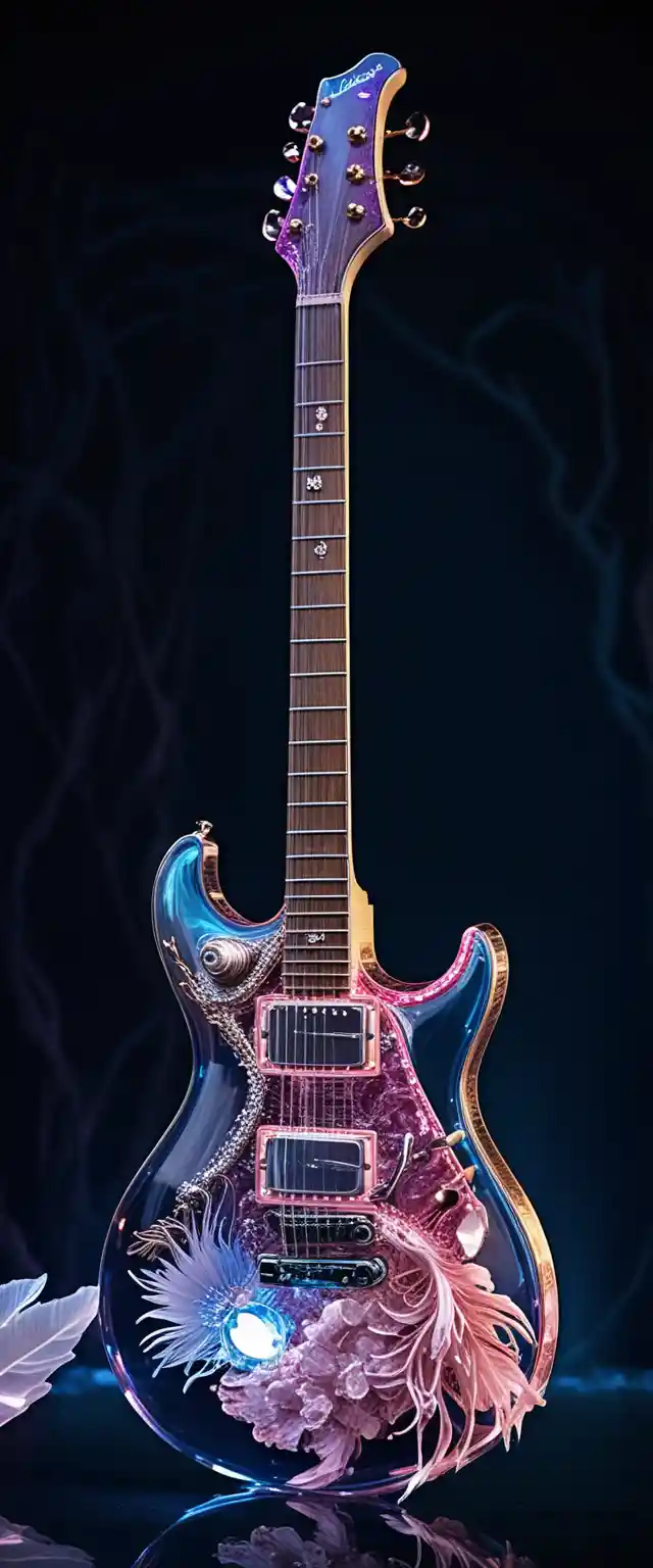 Crystal ocean guitar with coral and feather details