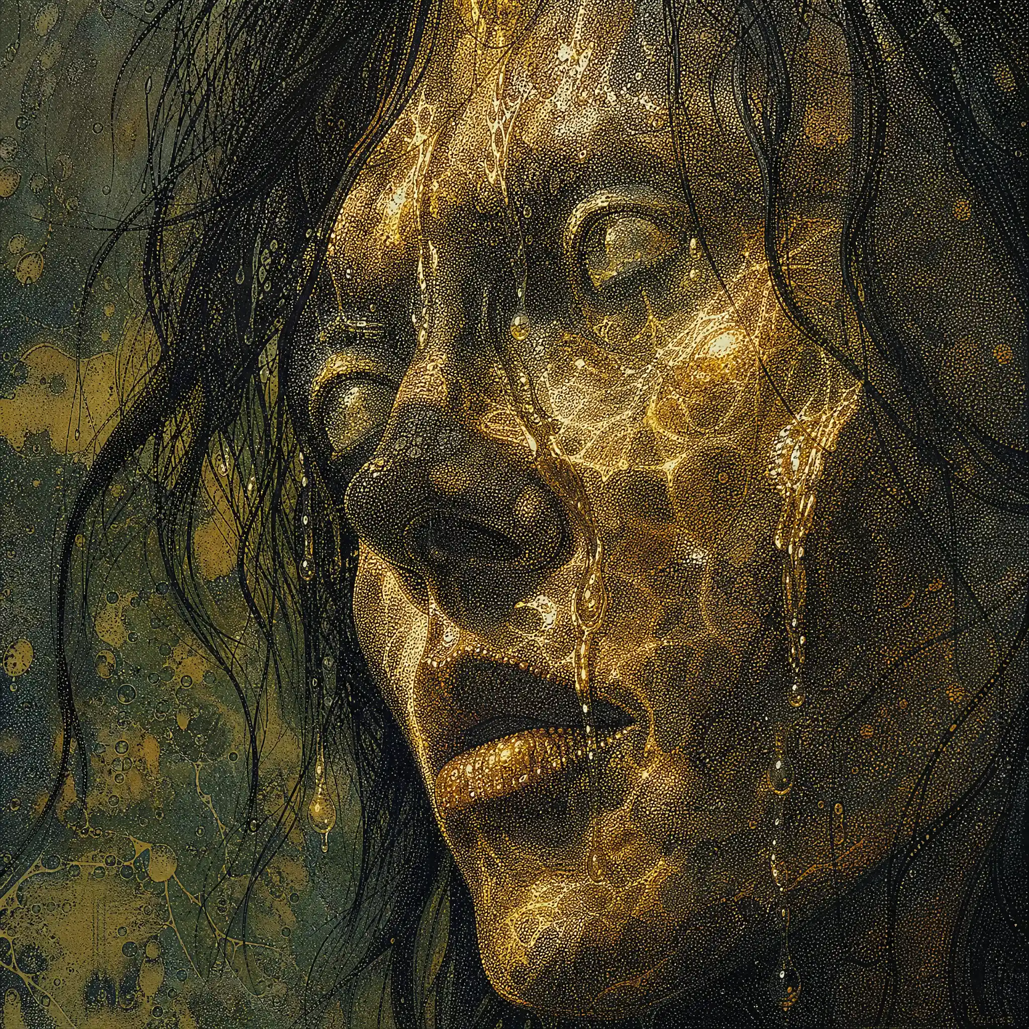 Surreal submerged female face with shimmering water texture