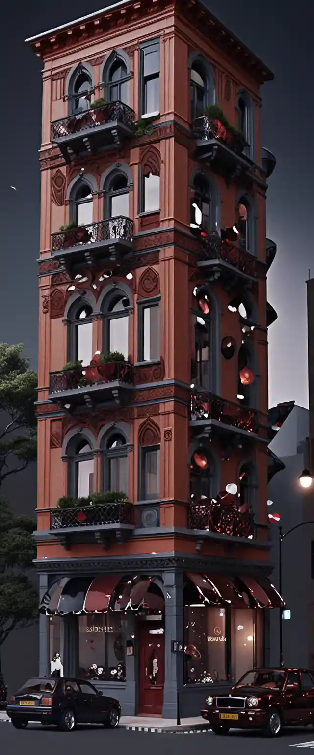 Colorful urban building in a dreamy storybook cityscape
