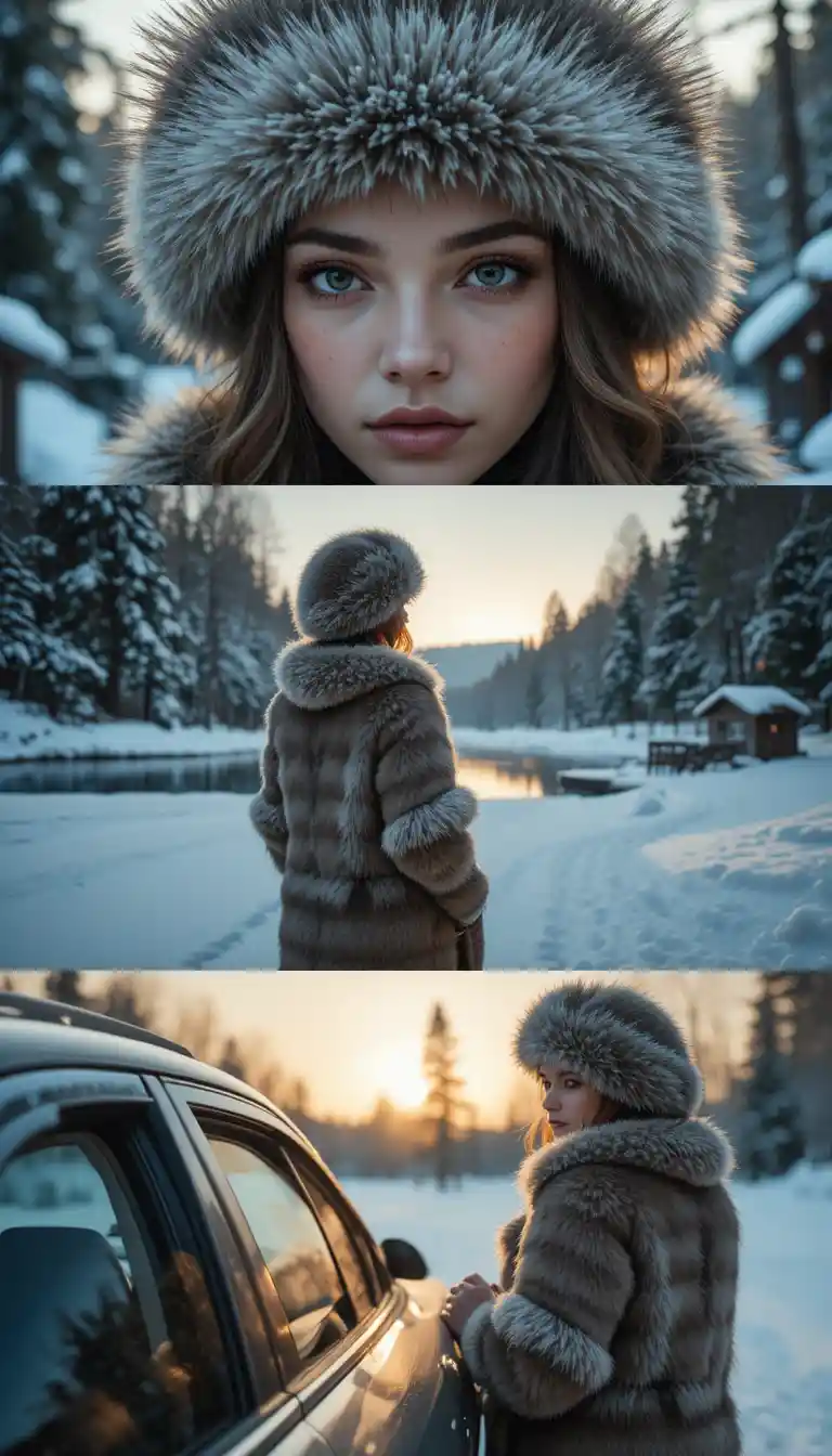 Woman in fur hat in a snowy winter forest close up