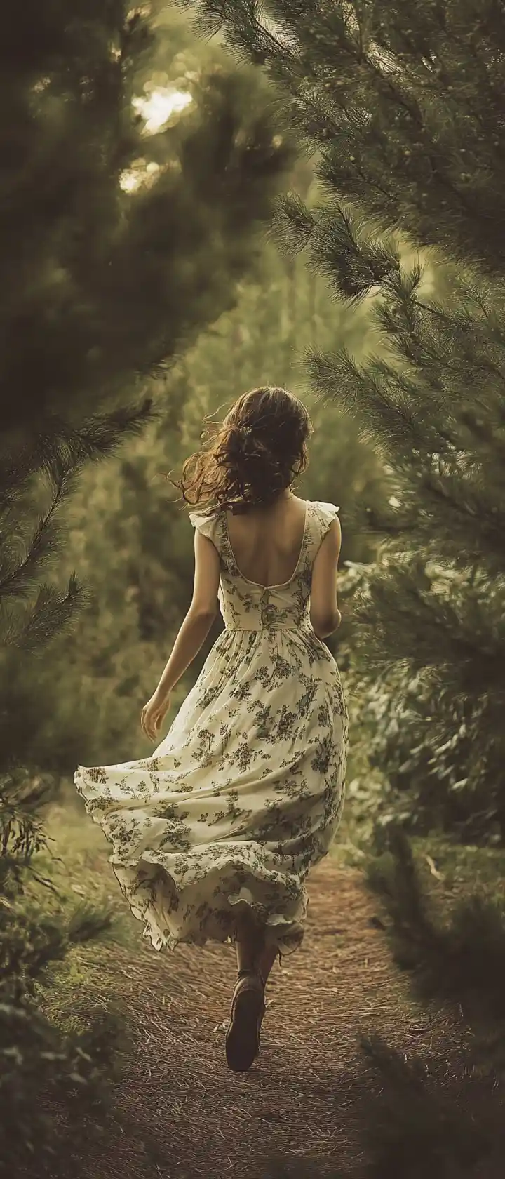 Girl walking in a summer dress through a quiet green park