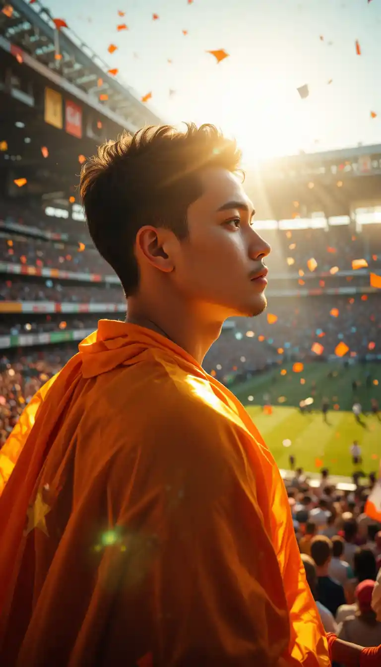 Proud woman in stadium with flowing flag and golden light