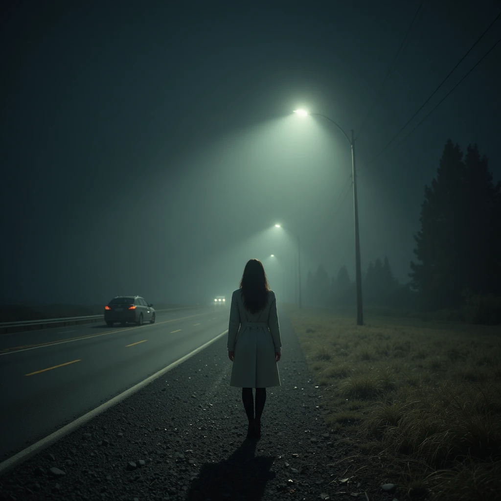 Woman by a stopped car on a foggy night highway