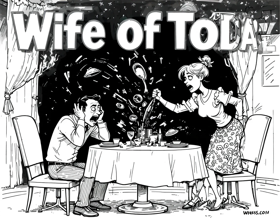 Chaotic cartoon couple arguing at a dining room table