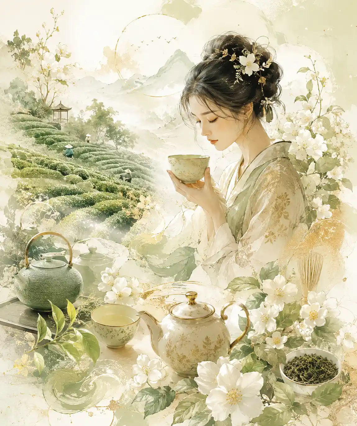 Elegant Asian tea moodboard with plants and ceramics