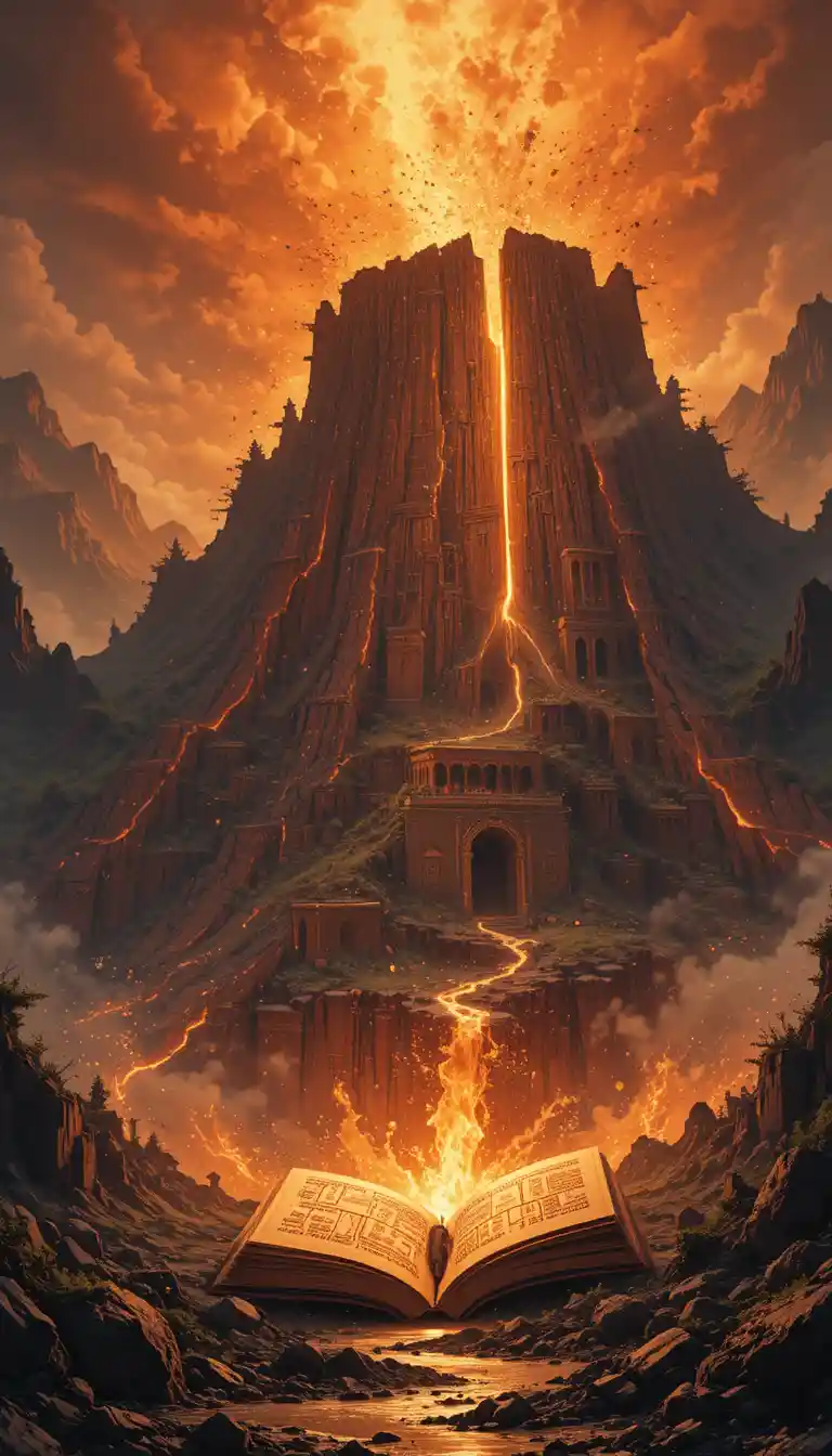 Enchanted books erupt from a lonely volcano at sunset