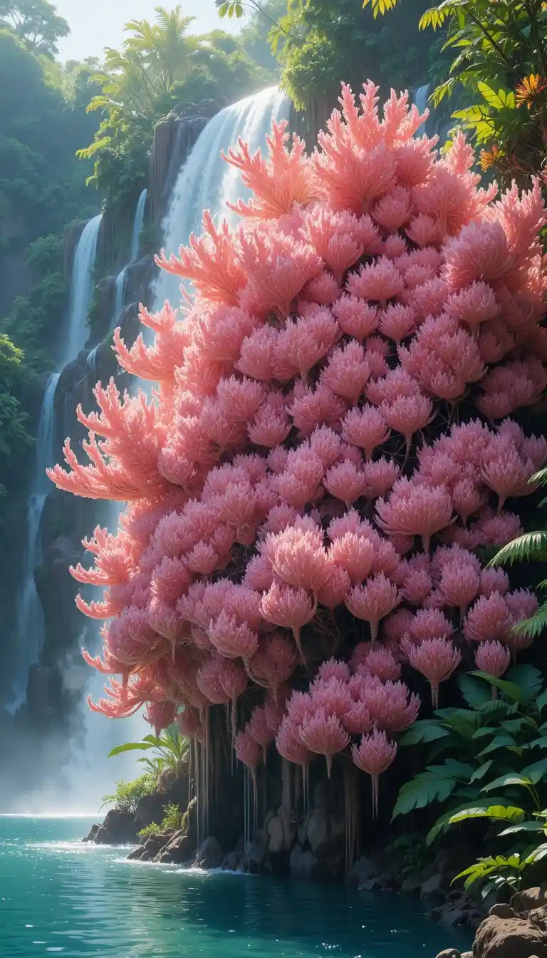 Giant flowering shrub beside a clear blue waterfall pool