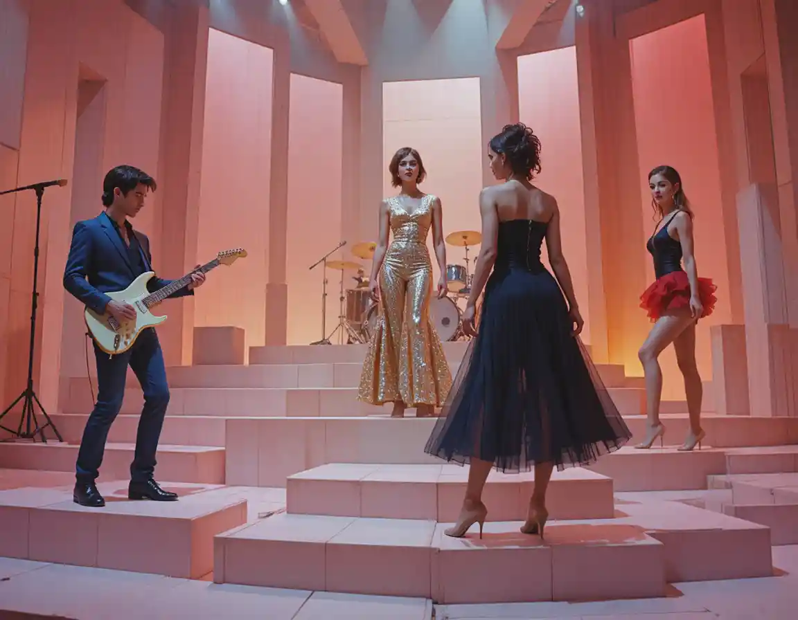 Retro style band performing with dancers on geometric stage