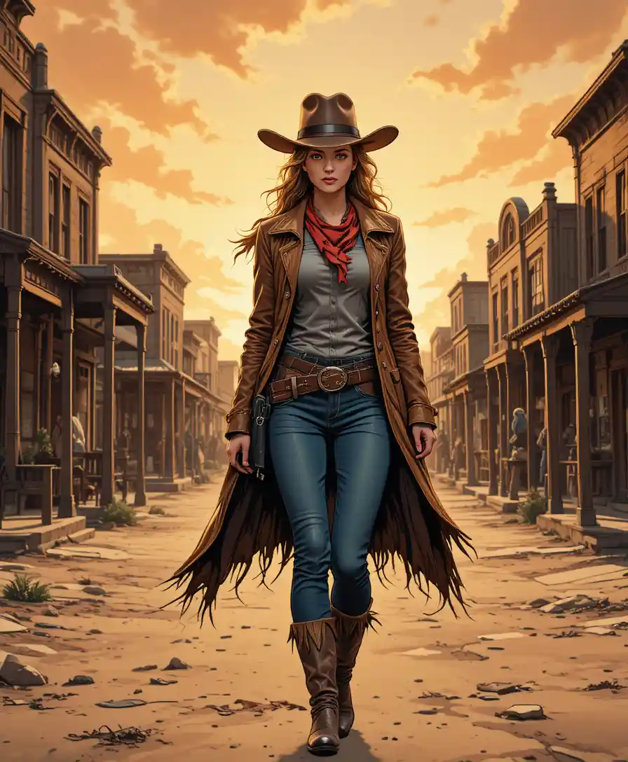 Cowgirl walking through dusty western town at sunset