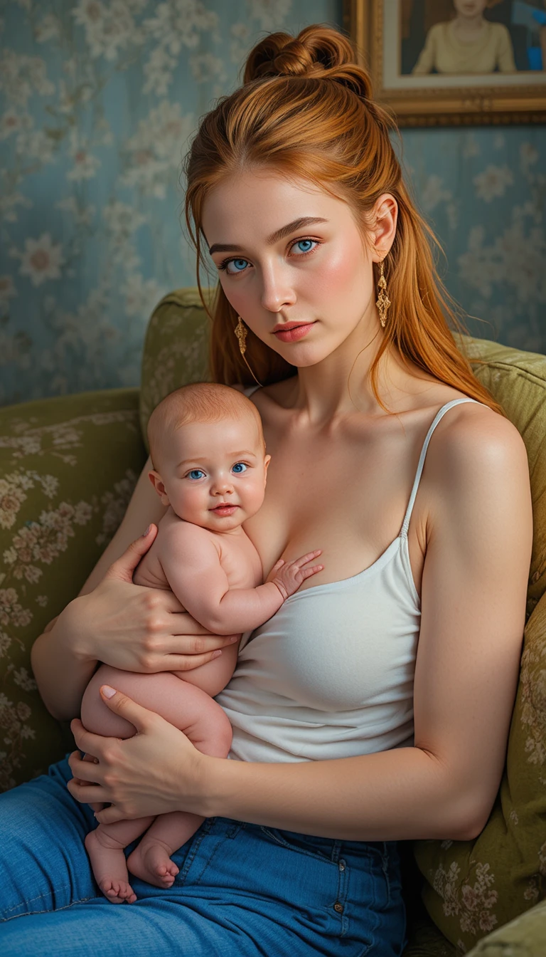 Young mother breastfeeding baby on cozy living room couch