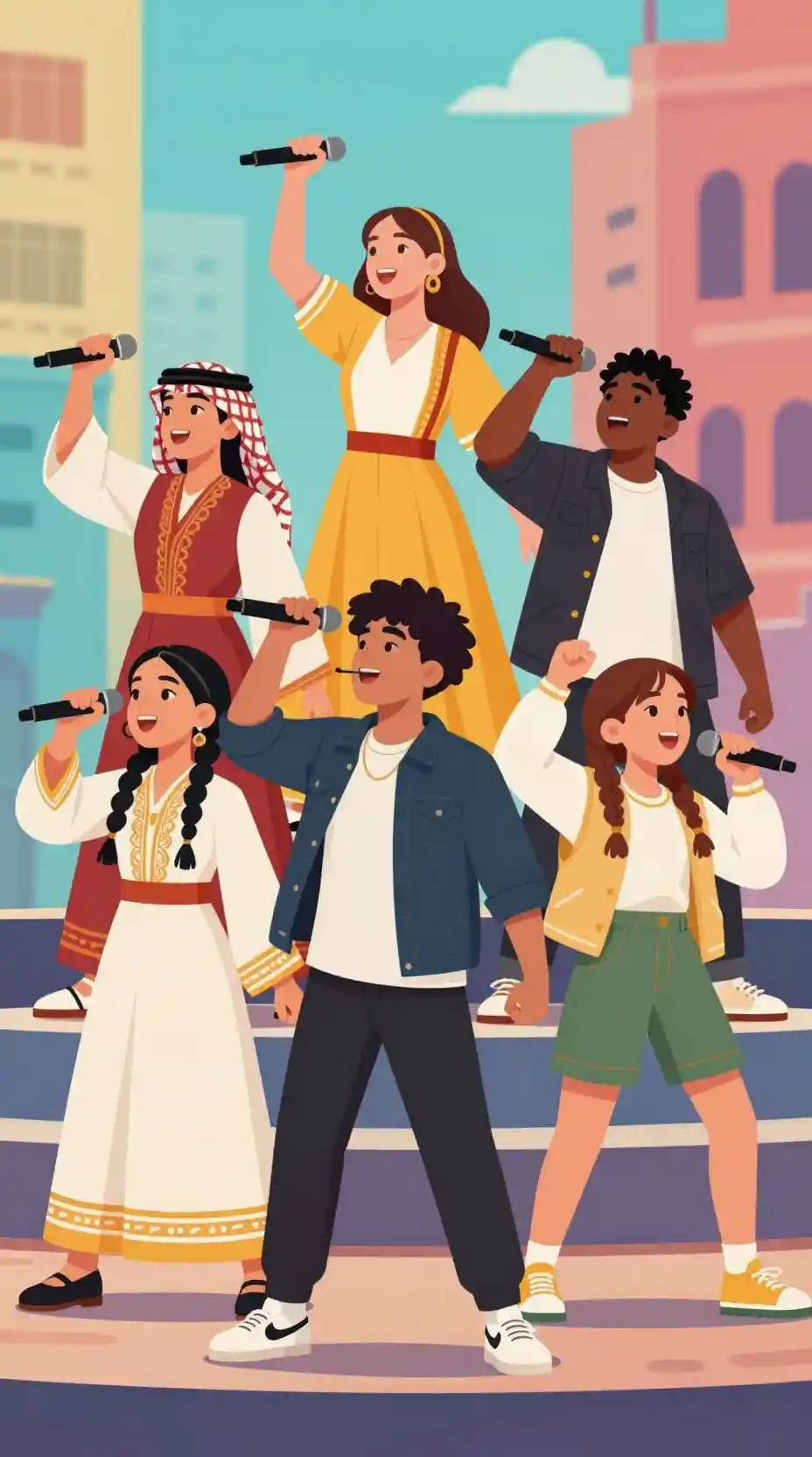 Diverse teen vocal group performing in colorful city scene